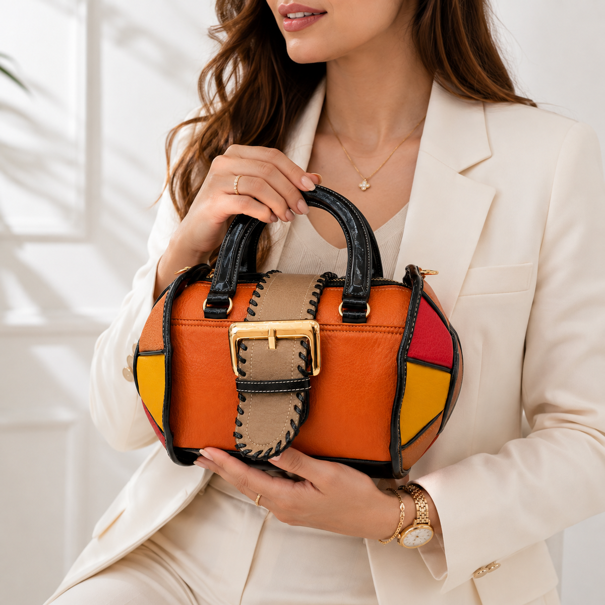 Premium Color Block Leather Handbag for Women | Designer Top Handle Shoulder Bag