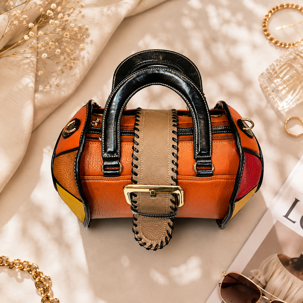 Premium Color Block Leather Handbag for Women | Designer Top Handle Shoulder Bag