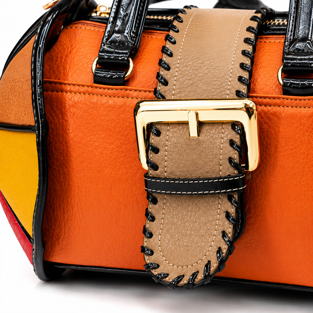 Premium Color Block Leather Handbag for Women | Designer Top Handle Shoulder Bag