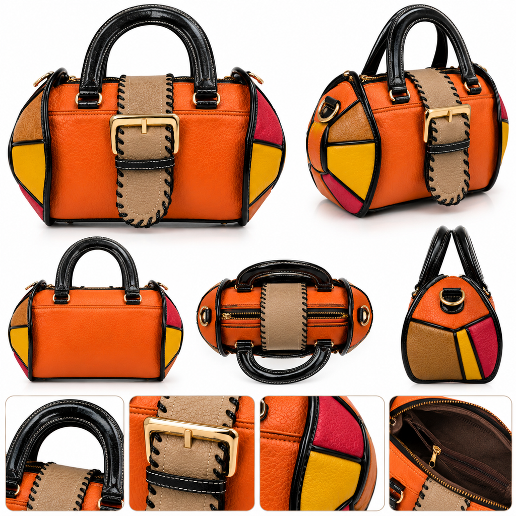 Premium Color Block Leather Handbag for Women | Designer Top Handle Shoulder Bag