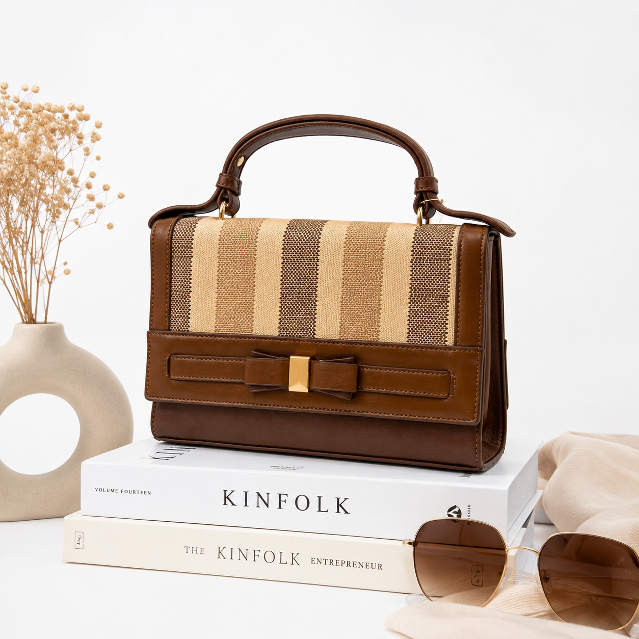 Premium Striped Handbag & Wallet Set for Women | Designer Top Handle Sling Bag