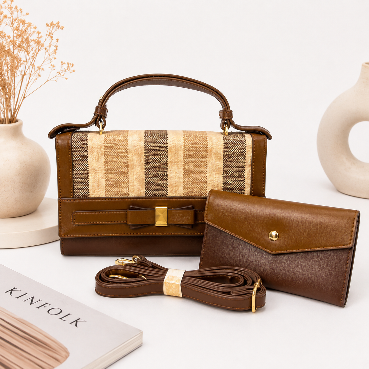 Premium Striped Handbag & Wallet Set for Women | Designer Top Handle Sling Bag