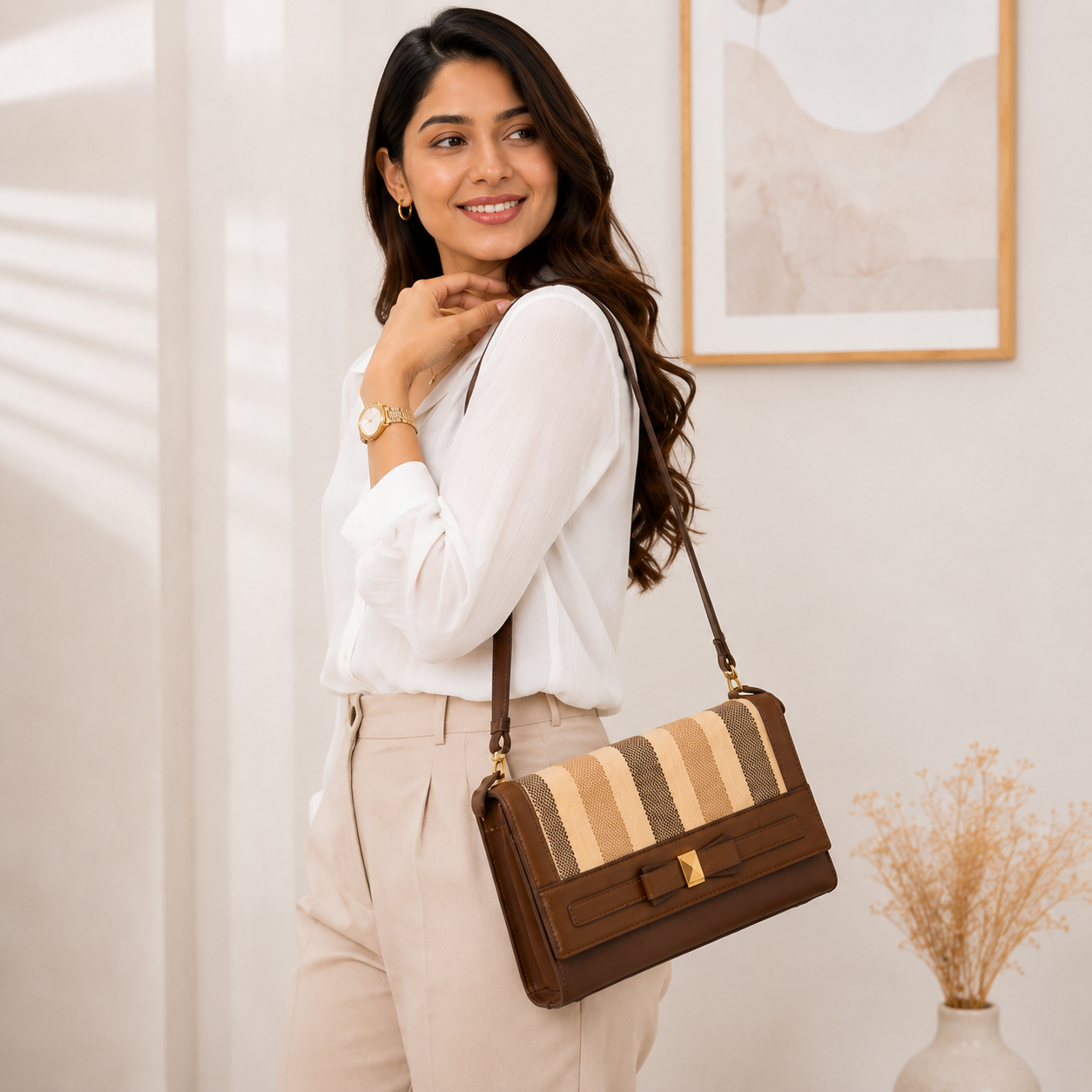 Premium Striped Handbag & Wallet Set for Women | Designer Top Handle Sling Bag