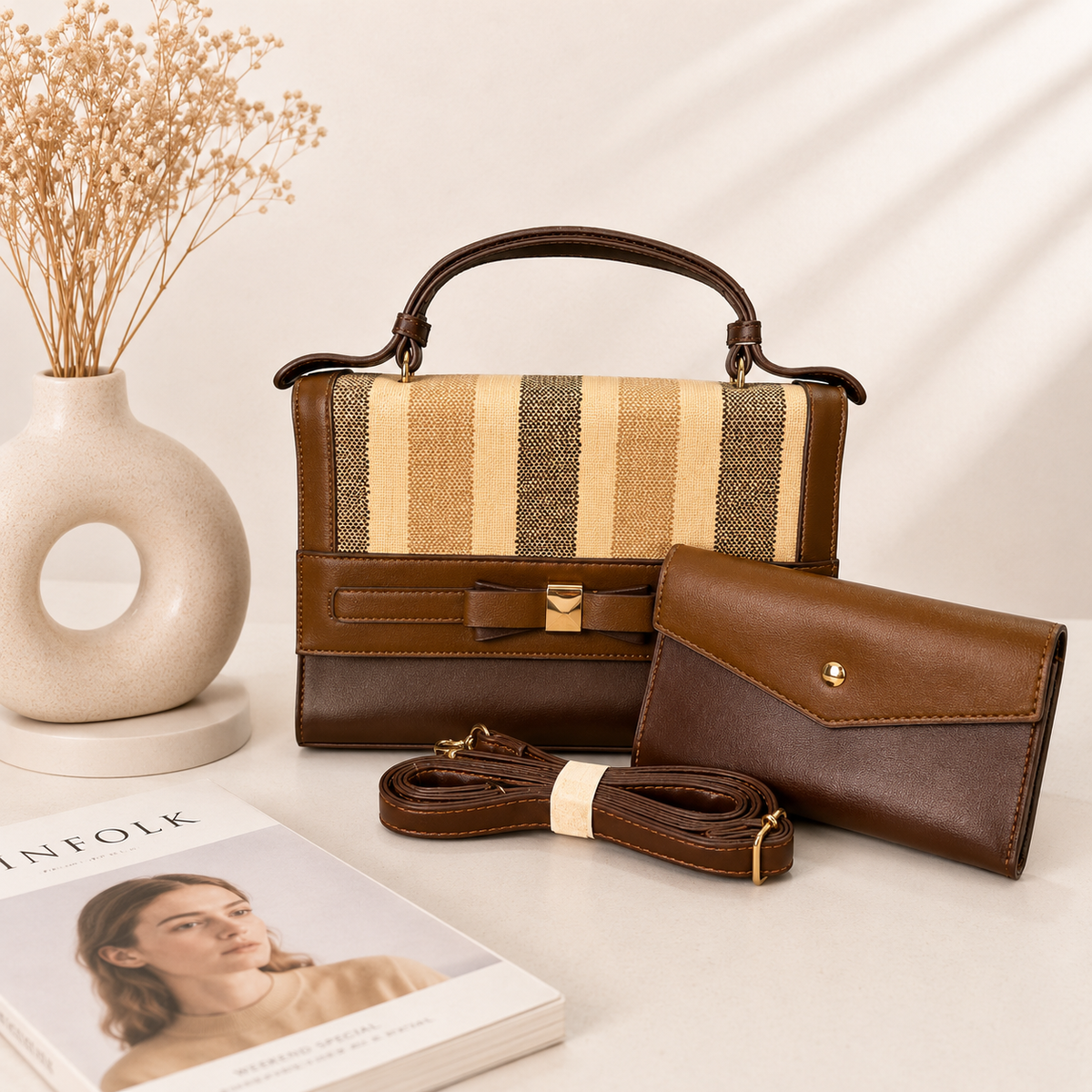 Premium Striped Handbag & Wallet Set for Women | Designer Top Handle Sling Bag