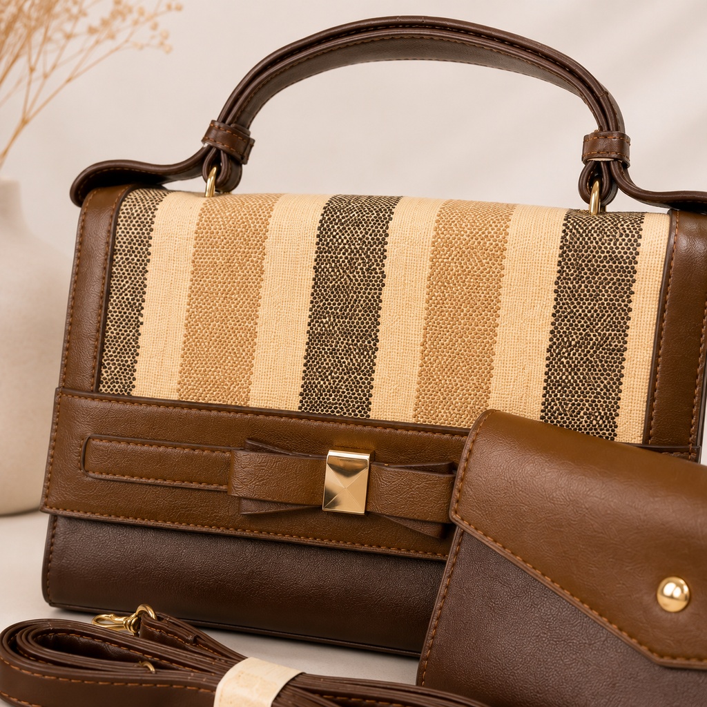 Premium Striped Handbag & Wallet Set for Women | Designer Top Handle Sling Bag