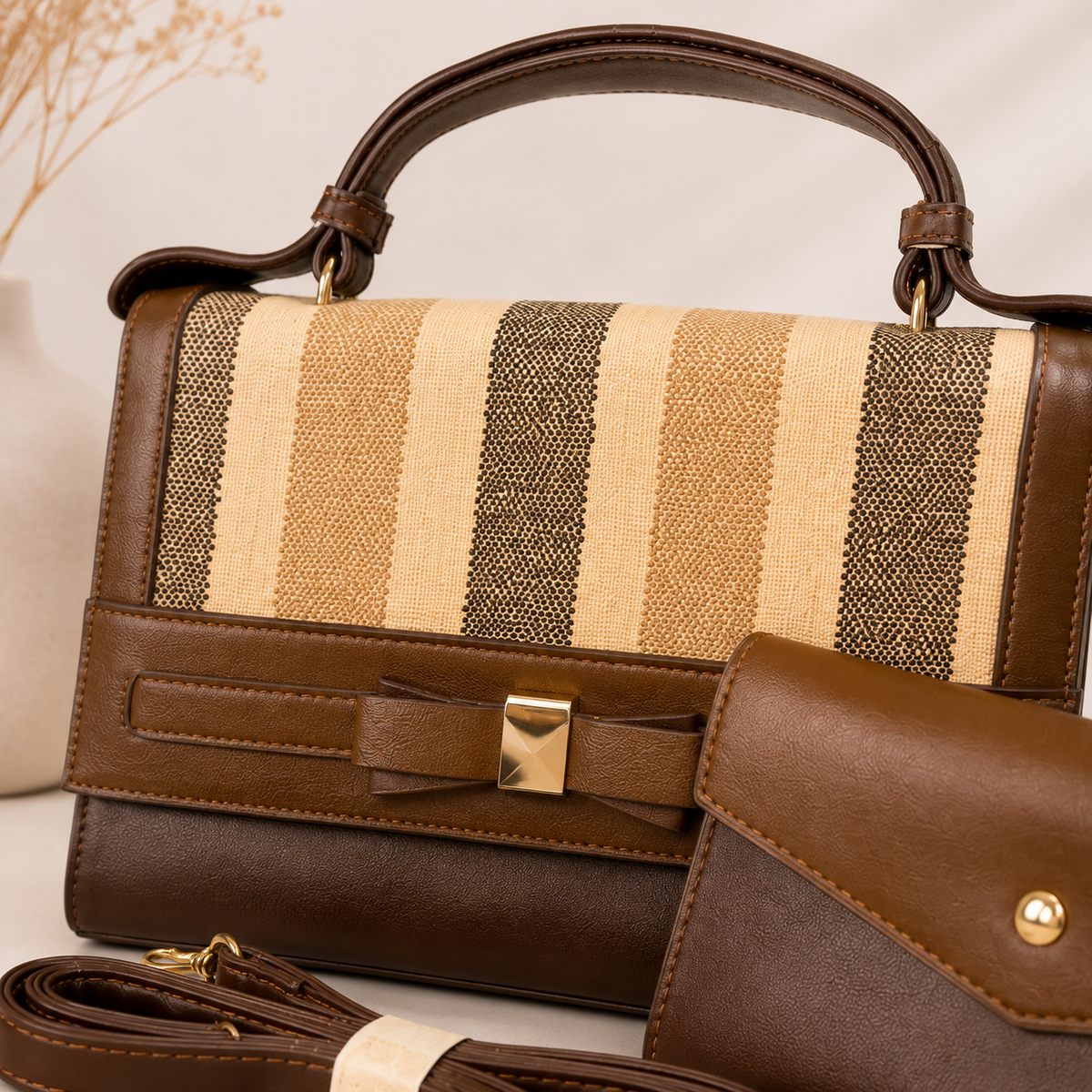 Premium Striped Handbag & Wallet Set for Women | Designer Top Handle Sling Bag