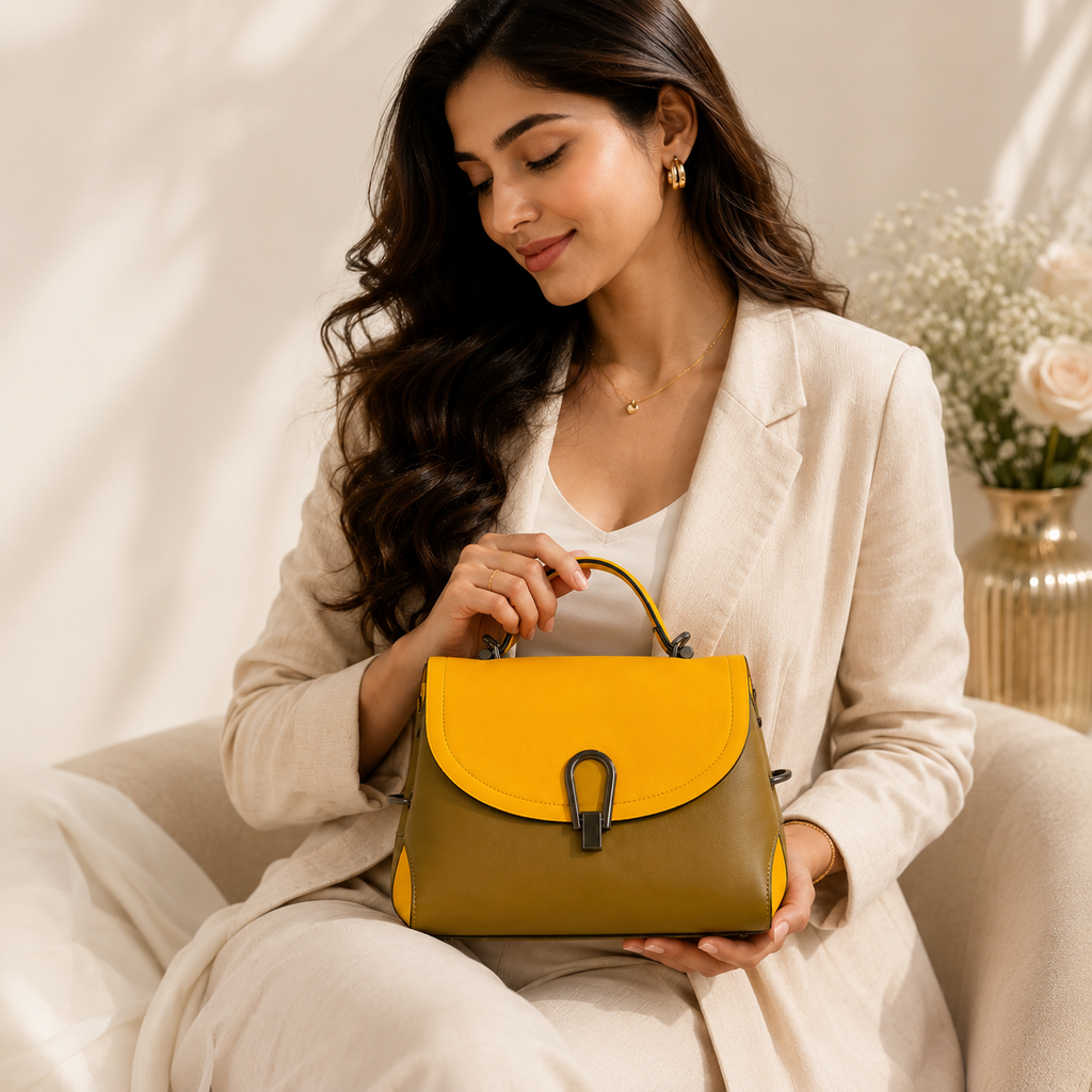 Luxury Two-Tone PU Leather Satchel Handbag for Women | Top Handle Crossbody Shoulder Bag with Adjustable Strap