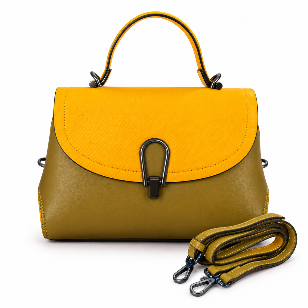 Luxury Two-Tone PU Leather Satchel Handbag for Women | Top Handle Crossbody Shoulder Bag with Adjustable Strap