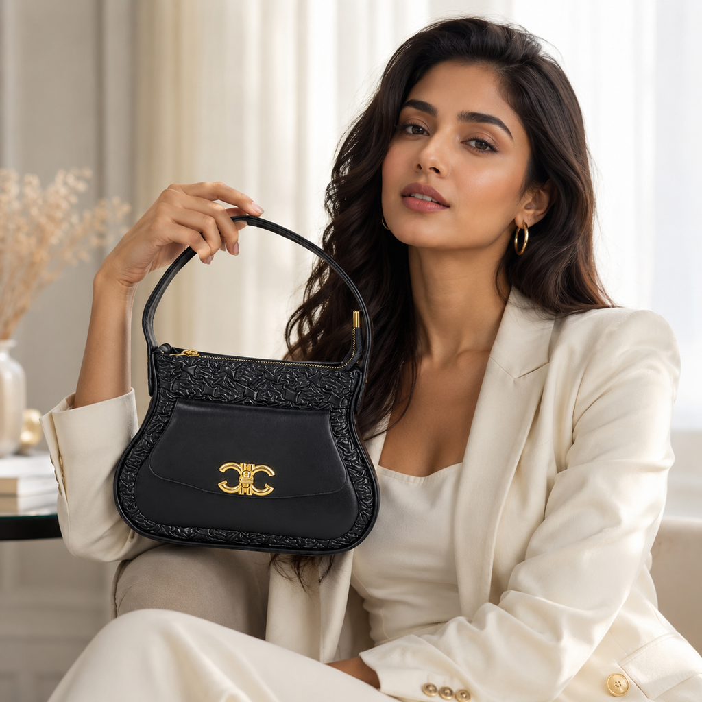 Luxury Black Shoulder Bag for Women | Premium Leather Crossbody Handbag with Adjustable Strap