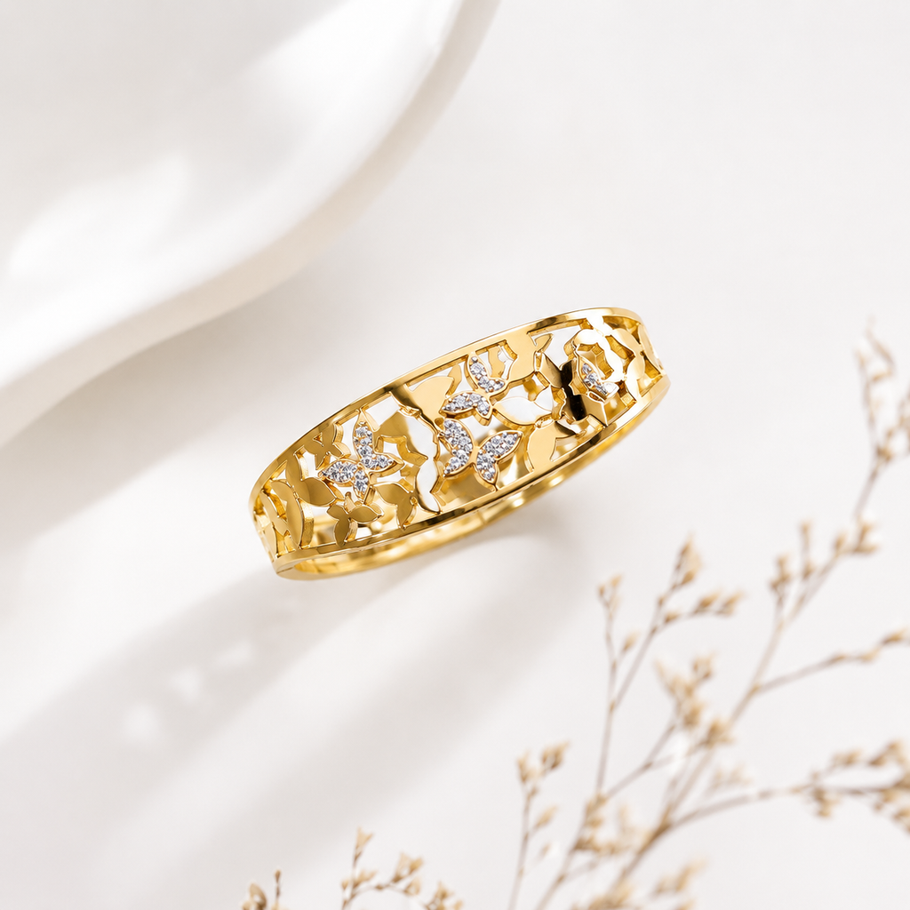 9K Gold Butterfly Bloom Bracelet for Women | Crystal Open Cuff