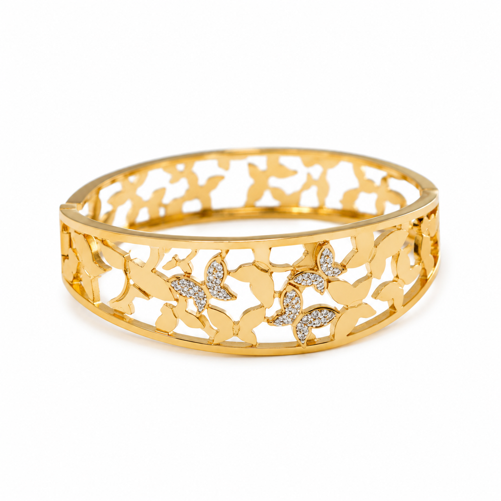 9K Gold Butterfly Bloom Bracelet for Women | Crystal Open Cuff