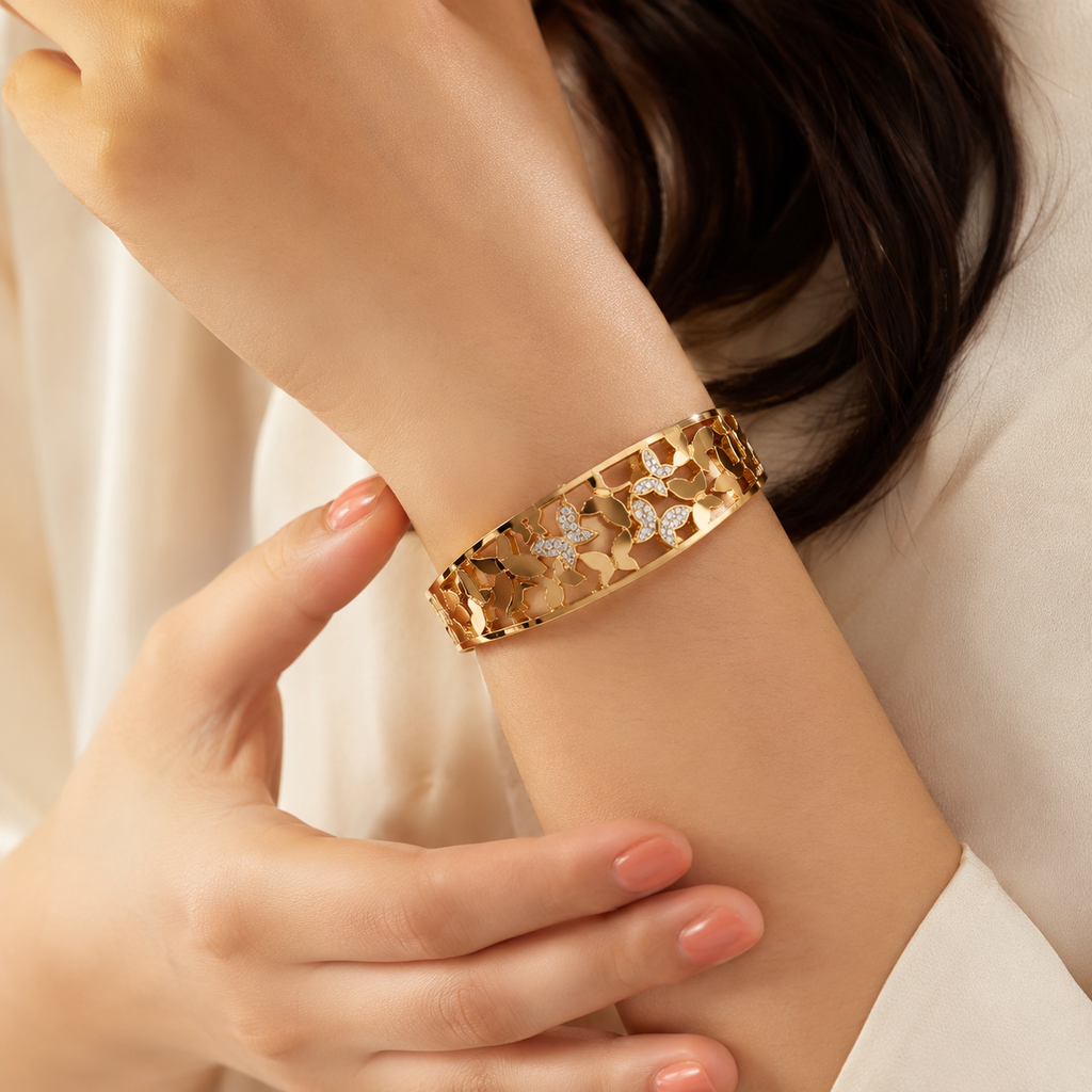 9K Gold Butterfly Bloom Bracelet for Women | Crystal Open Cuff