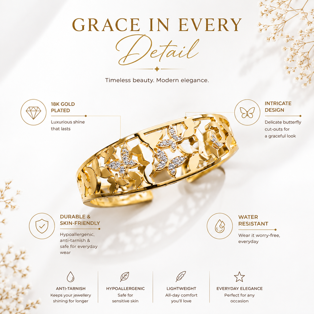 9K Gold Butterfly Bloom Bracelet for Women | Crystal Open Cuff