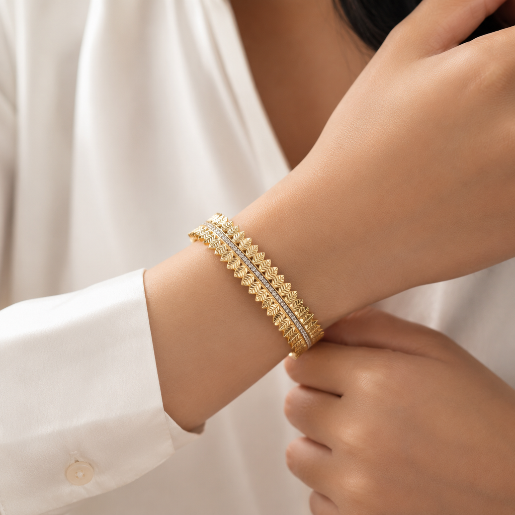 9K Gold Leaf Crystal Bracelet for Women | Adjustable Designer Cuff