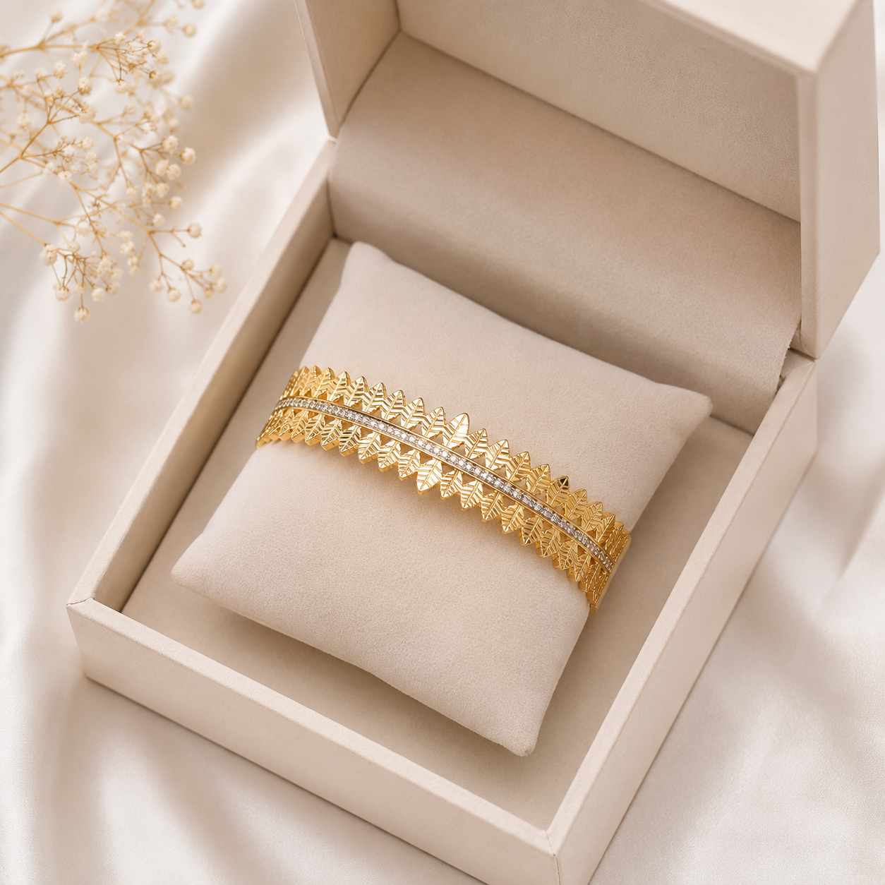 9K Gold Leaf Crystal Bracelet for Women | Adjustable Designer Cuff