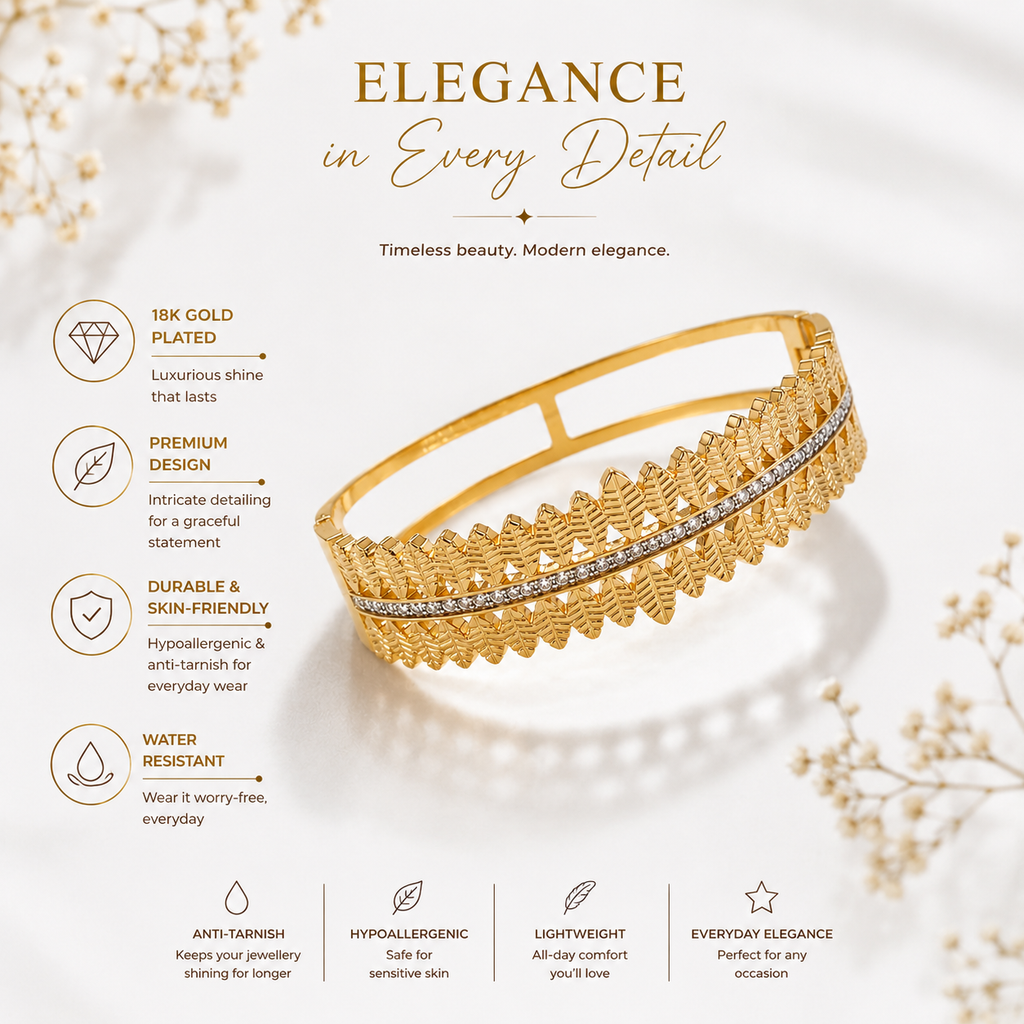 9K Gold Leaf Crystal Bracelet for Women | Adjustable Designer Cuff