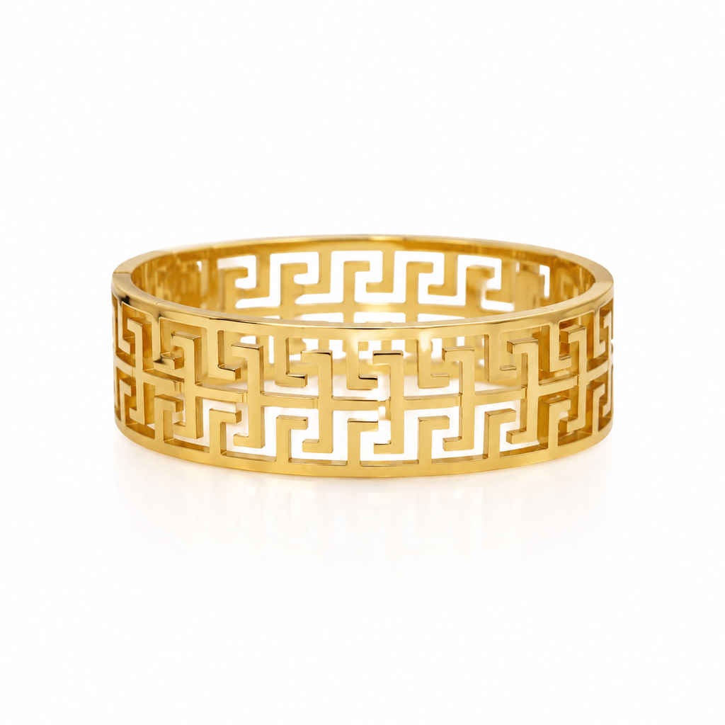 9K Gold Greek Key Bracelet for Women | Adjustable Geometric Cuff