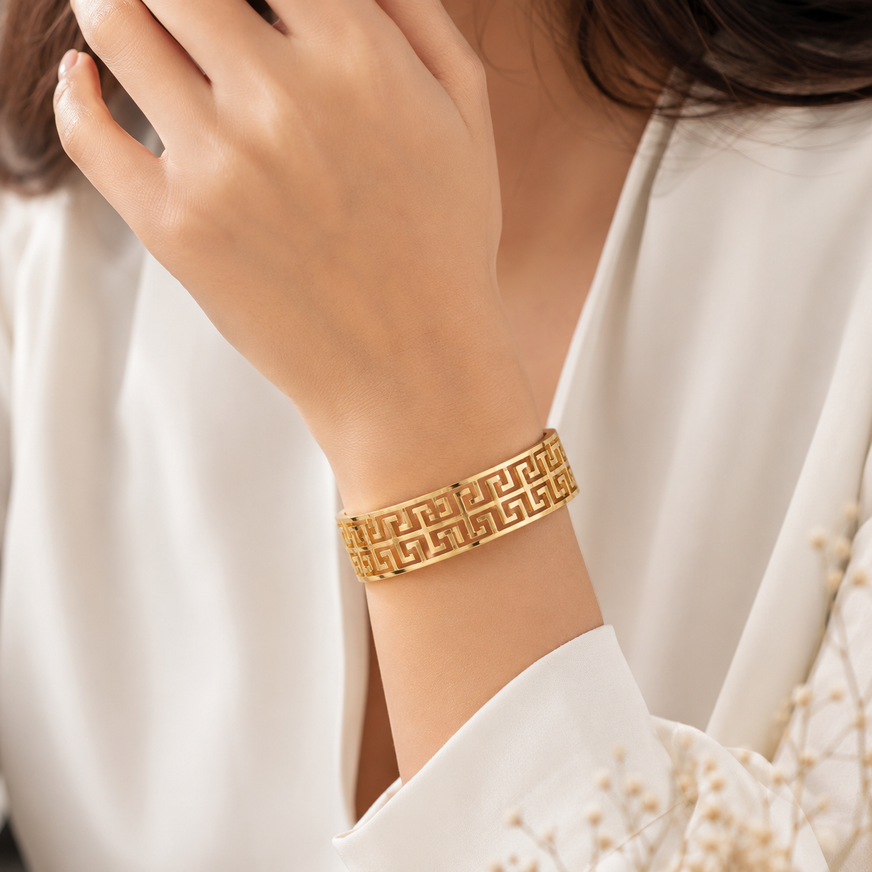 9K Gold Greek Key Bracelet for Women | Adjustable Geometric Cuff