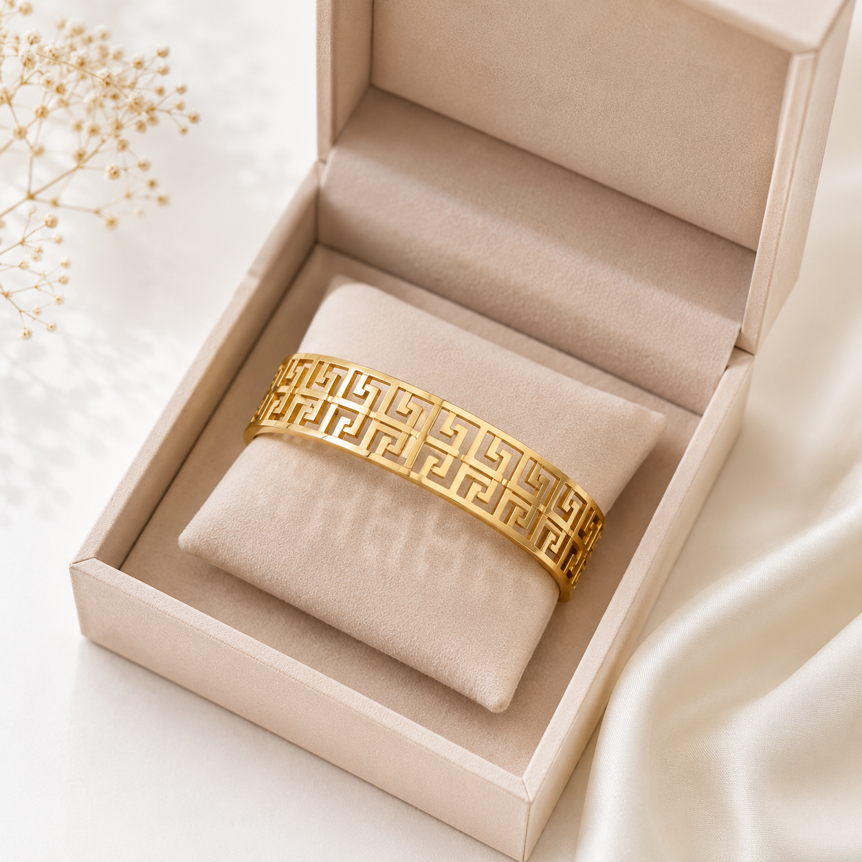 9K Gold Greek Key Bracelet for Women | Adjustable Geometric Cuff
