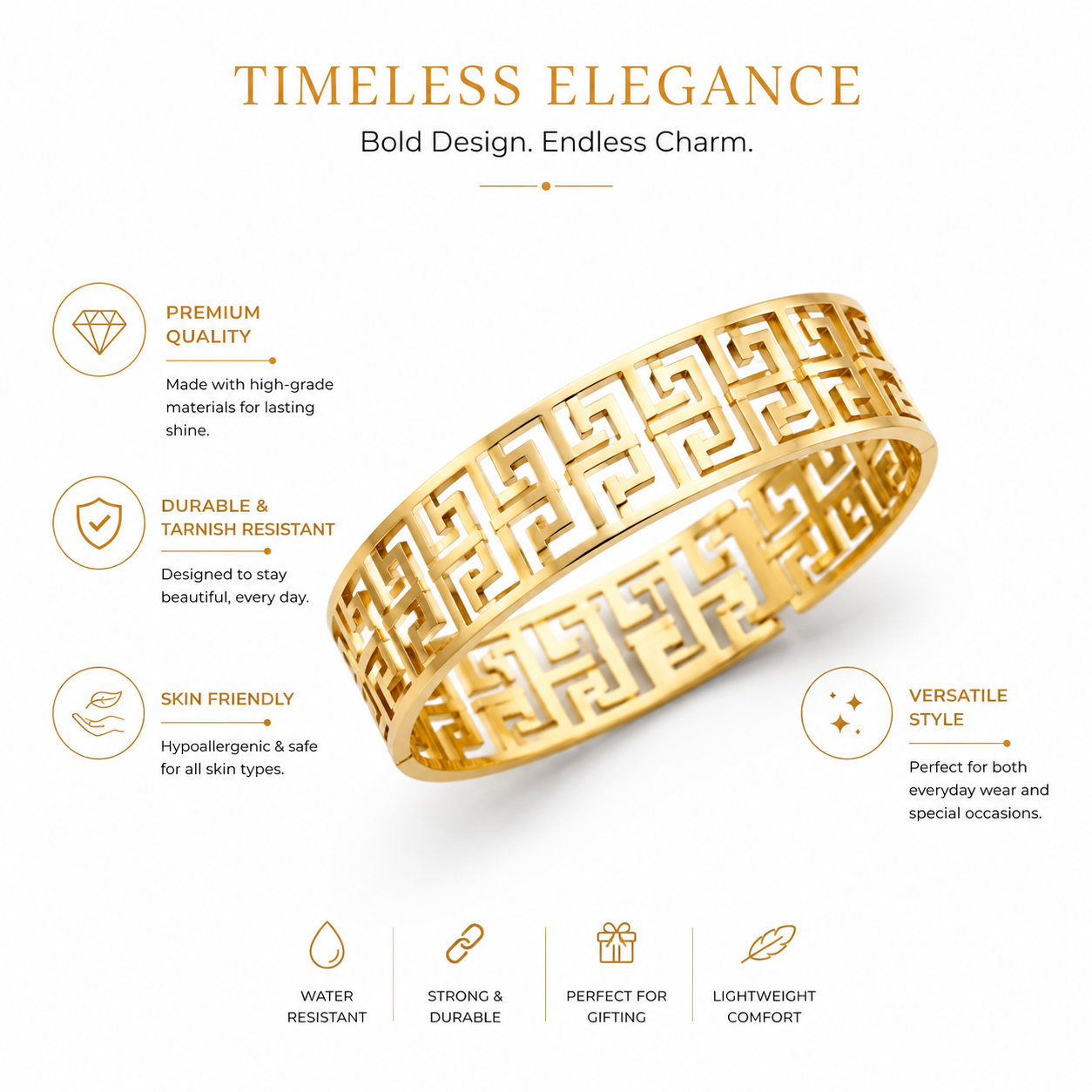 9K Gold Greek Key Bracelet for Women | Adjustable Geometric Cuff