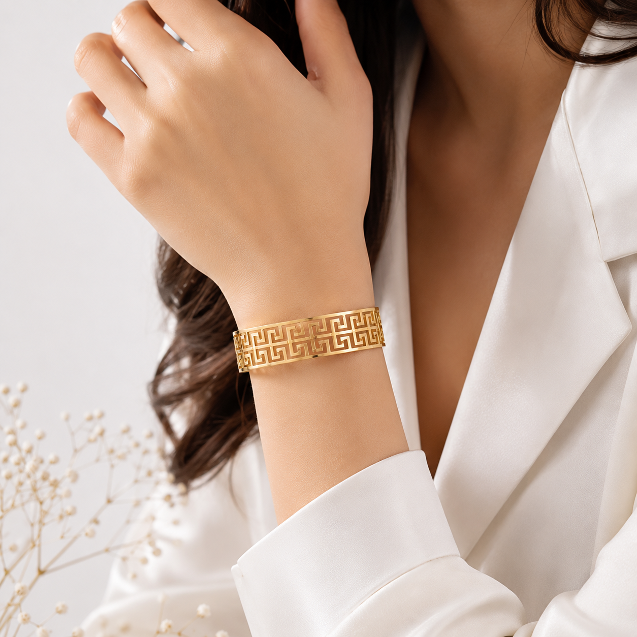 9K Gold Greek Key Bracelet for Women | Adjustable Geometric Cuff