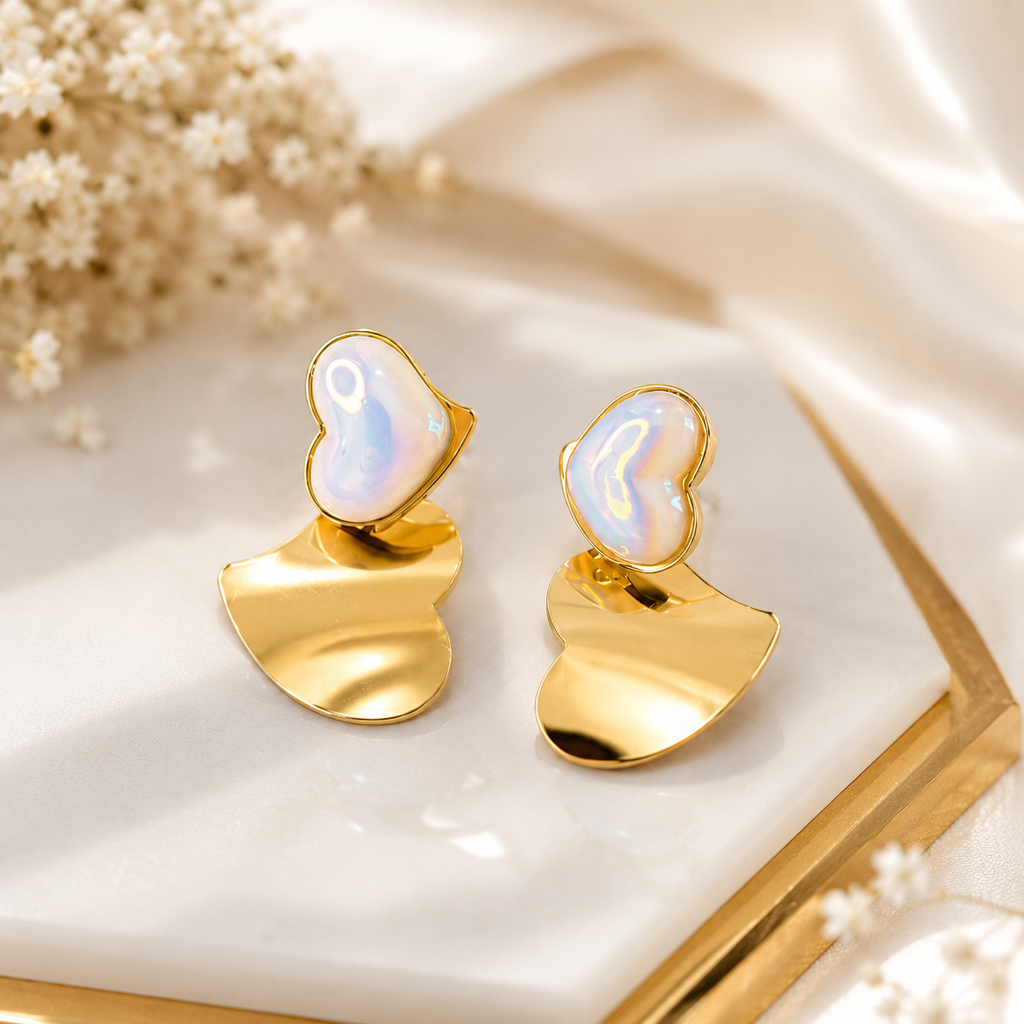 18K Gold Plated Opal Heart Statement Earrings | Premium Anti-Tarnish Drop Earrings for Women