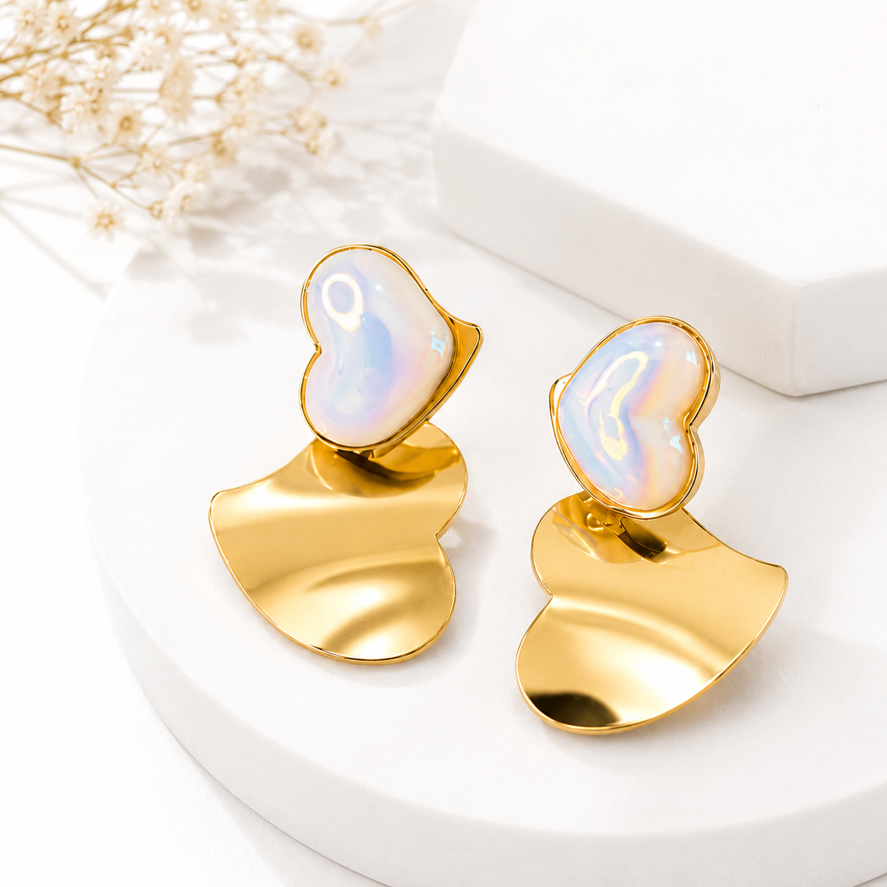 18K Gold Plated Opal Heart Statement Earrings | Premium Anti-Tarnish Drop Earrings for Women