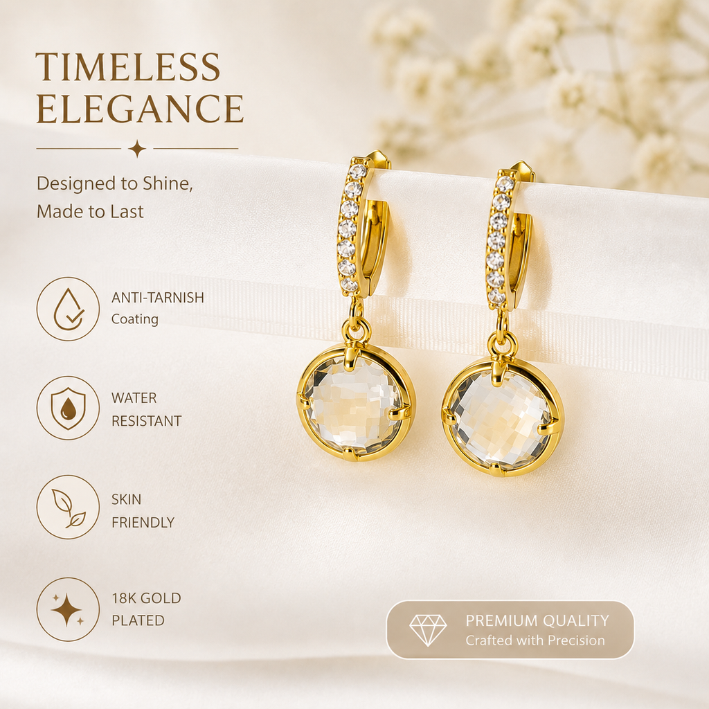 18K Gold Plated Crystal Drop Hoop Earrings | Anti-Tarnish