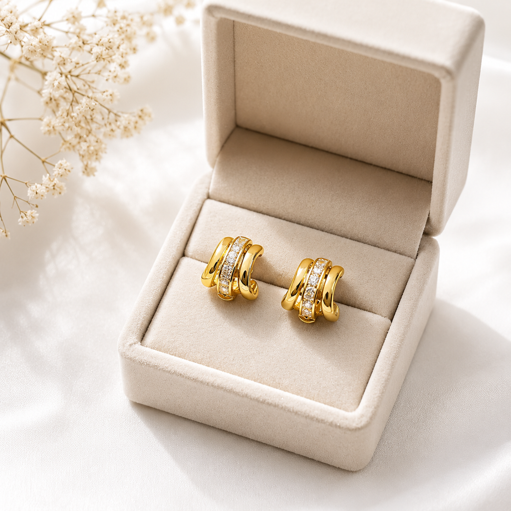 18K Gold Plated Triple Row CZ Hoop Earrings | Anti-Tarnish