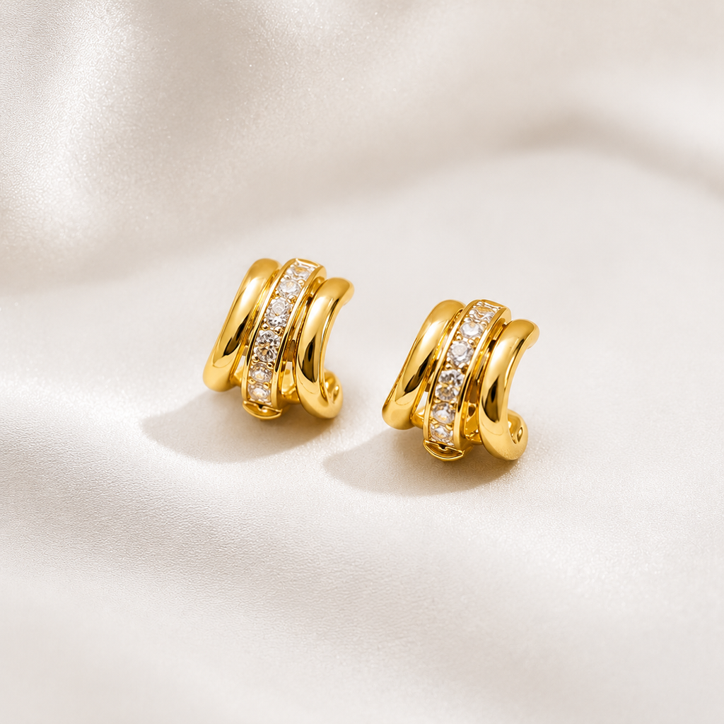 18K Gold Plated Triple Row CZ Hoop Earrings | Anti-Tarnish