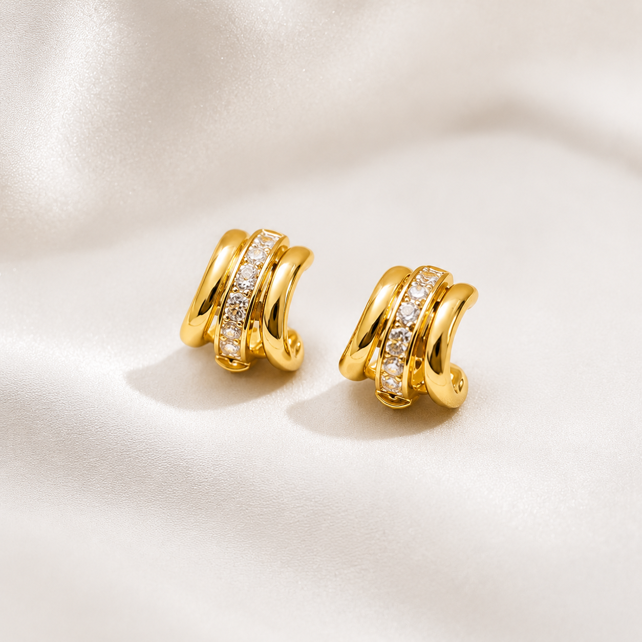 18K Gold Plated Triple Row CZ Hoop Earrings | Anti-Tarnish