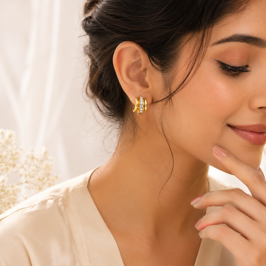18K Gold Plated Triple Row CZ Hoop Earrings | Anti-Tarnish