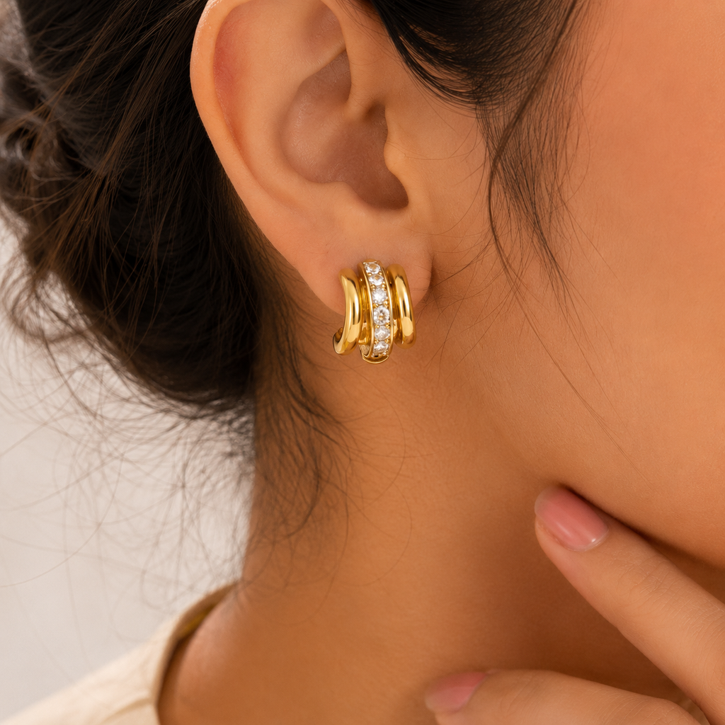 18K Gold Plated Triple Row CZ Hoop Earrings | Anti-Tarnish