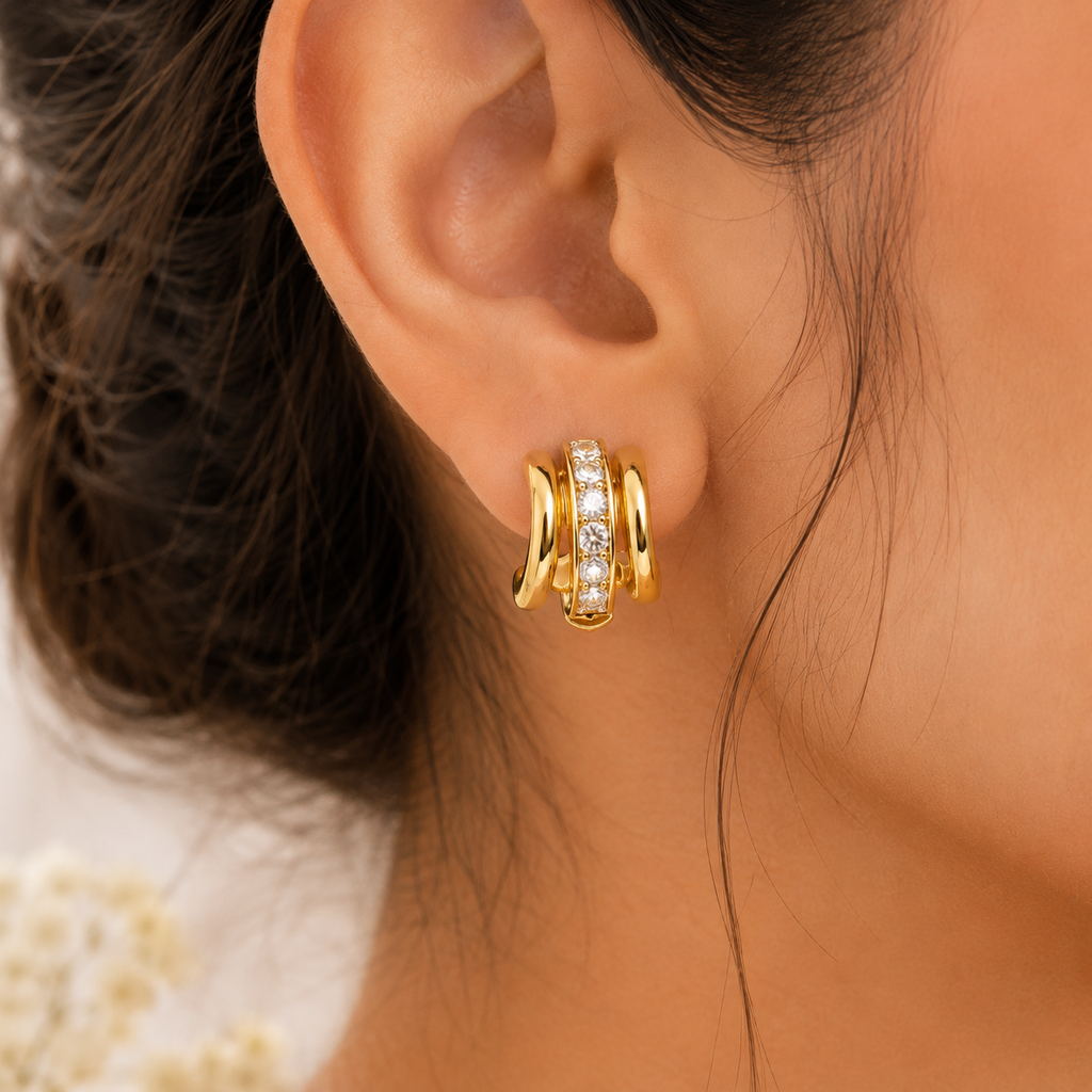 18K Gold Plated Triple Row CZ Hoop Earrings | Anti-Tarnish