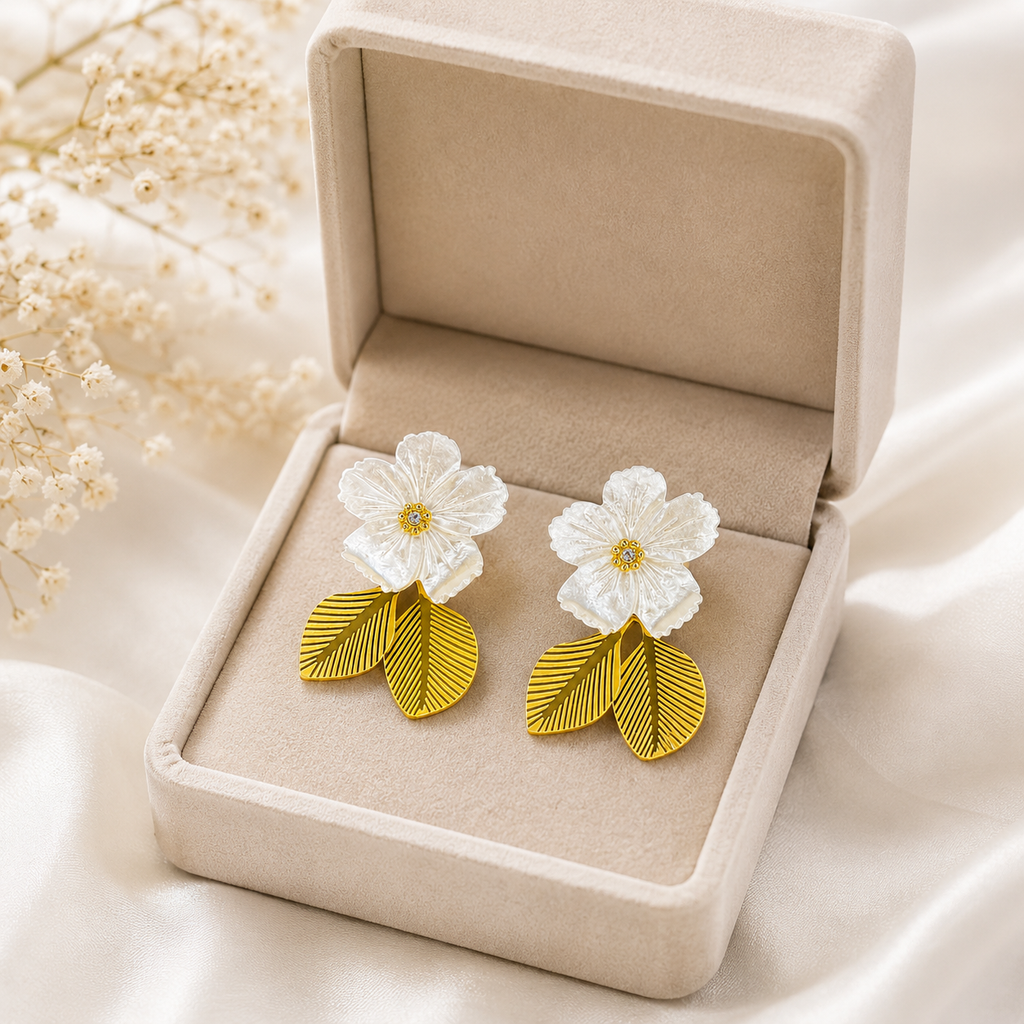 18K Gold Plated Mother of Pearl Floral Drop Earrings | Anti-Tarnish