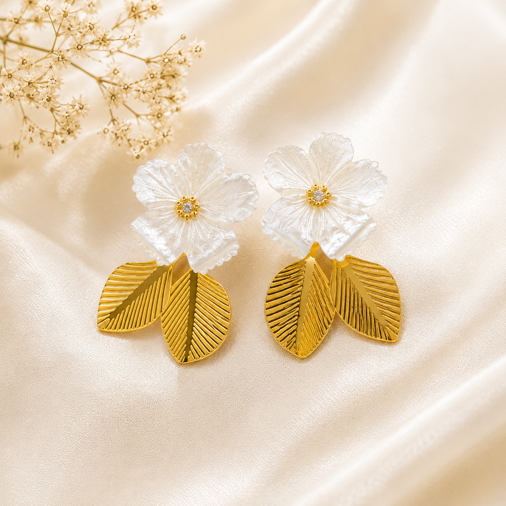 18K Gold Plated Mother of Pearl Floral Drop Earrings | Anti-Tarnish