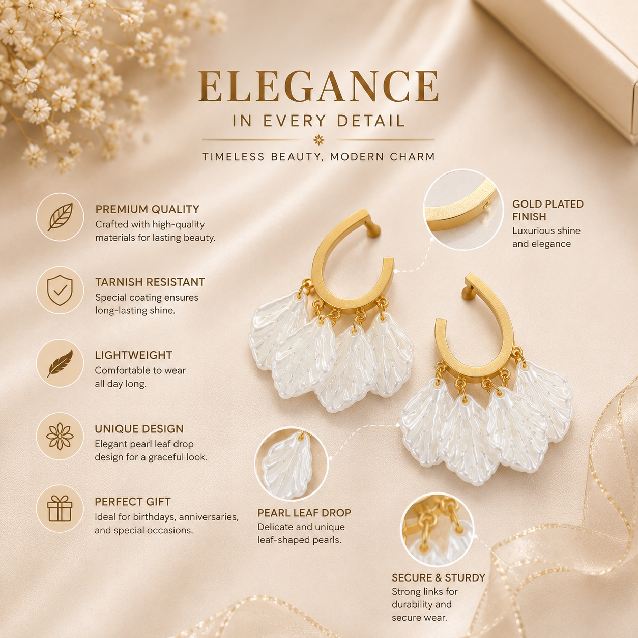 18K Gold Plated Mother of Pearl Shell Drop Hoop Earrings | Anti-Tarnish