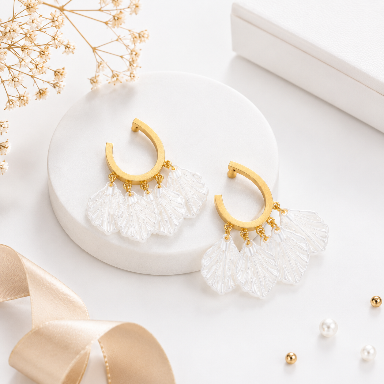 18K Gold Plated Mother of Pearl Shell Drop Hoop Earrings | Anti-Tarnish
