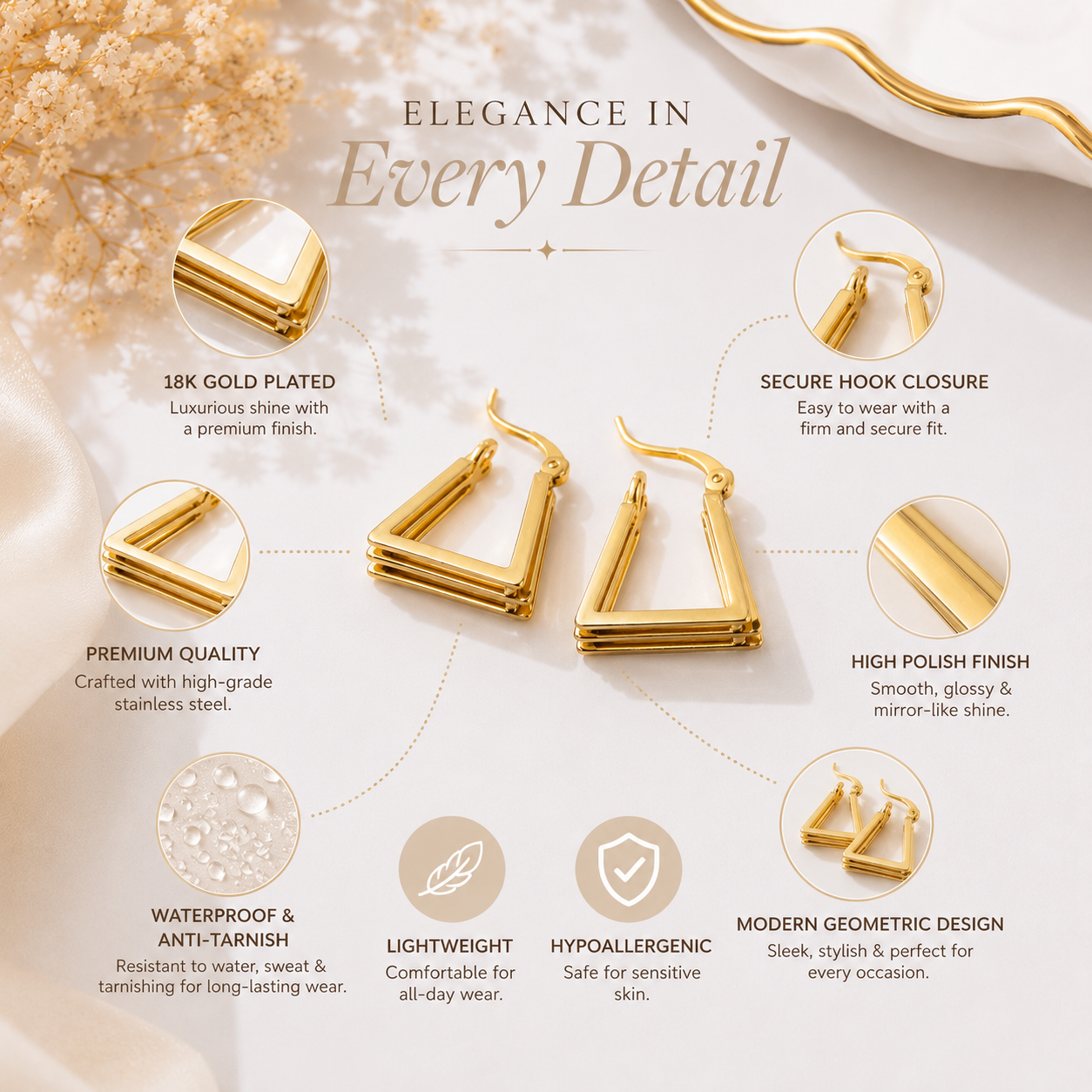 9K Gold Plated Triangle Hoop Earrings for Women | Anti Tarnish