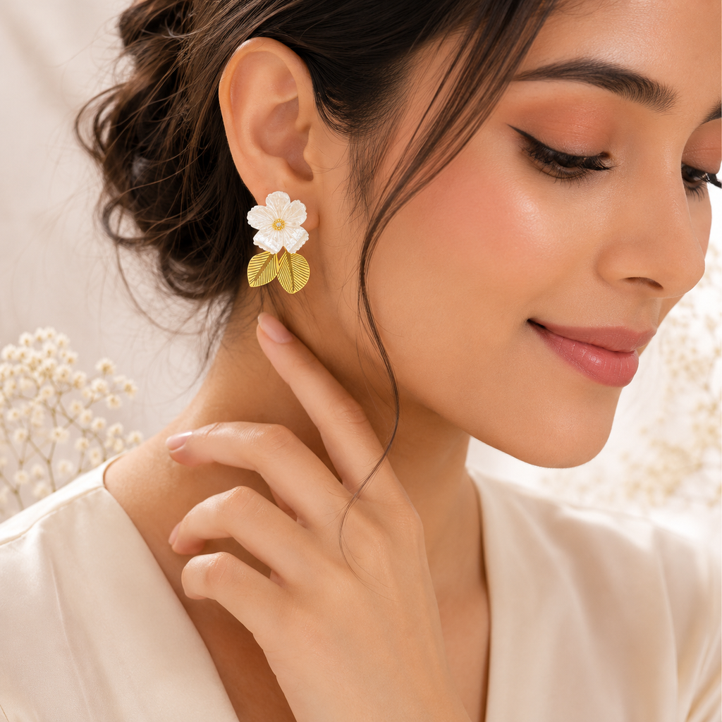 18K Gold Plated Mother of Pearl Floral Drop Earrings | Anti-Tarnish