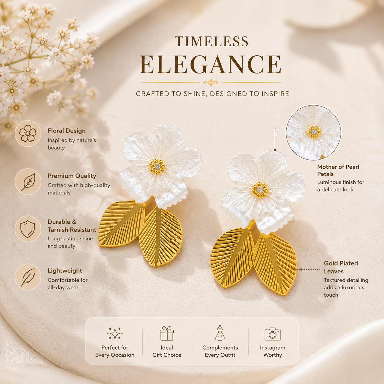 18K Gold Plated Mother of Pearl Floral Drop Earrings | Anti-Tarnish
