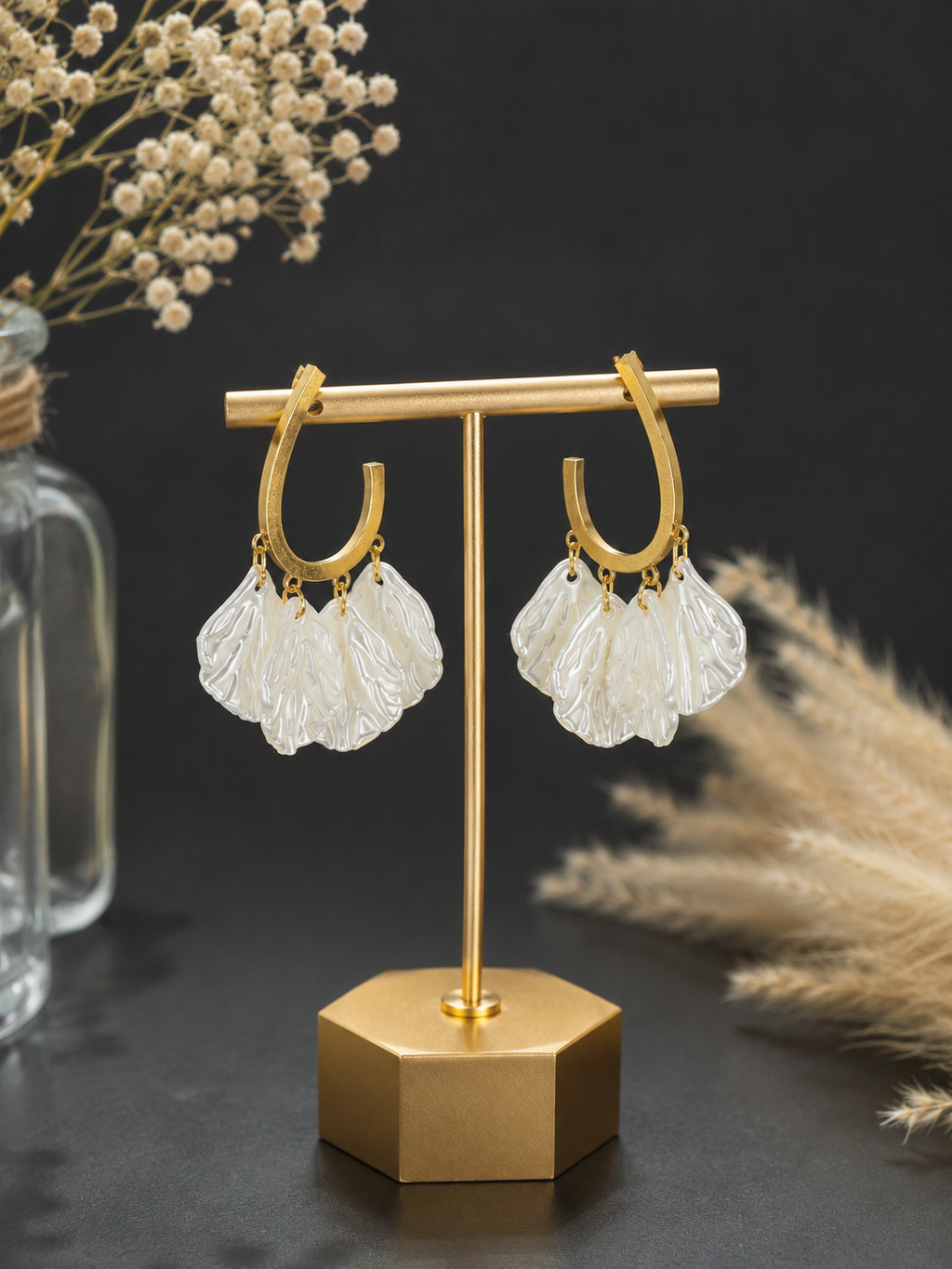 18K Gold Plated Mother of Pearl Shell Drop Hoop Earrings | Anti-Tarnish