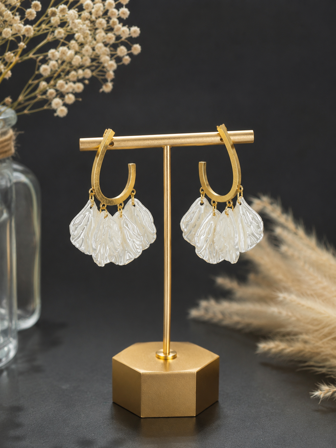 18K Gold Plated Mother of Pearl Shell Drop Hoop Earrings | Anti-Tarnish