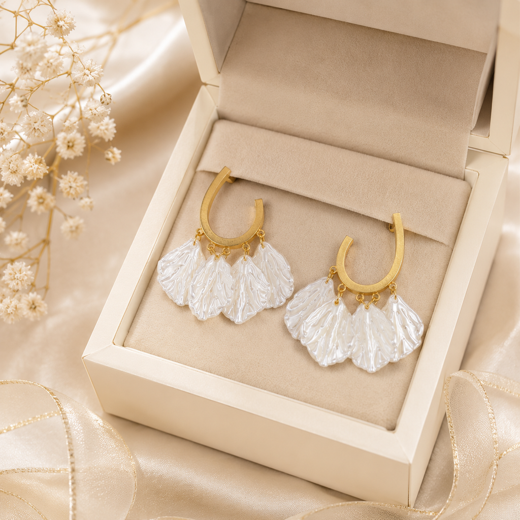18K Gold Plated Mother of Pearl Shell Drop Hoop Earrings | Anti-Tarnish