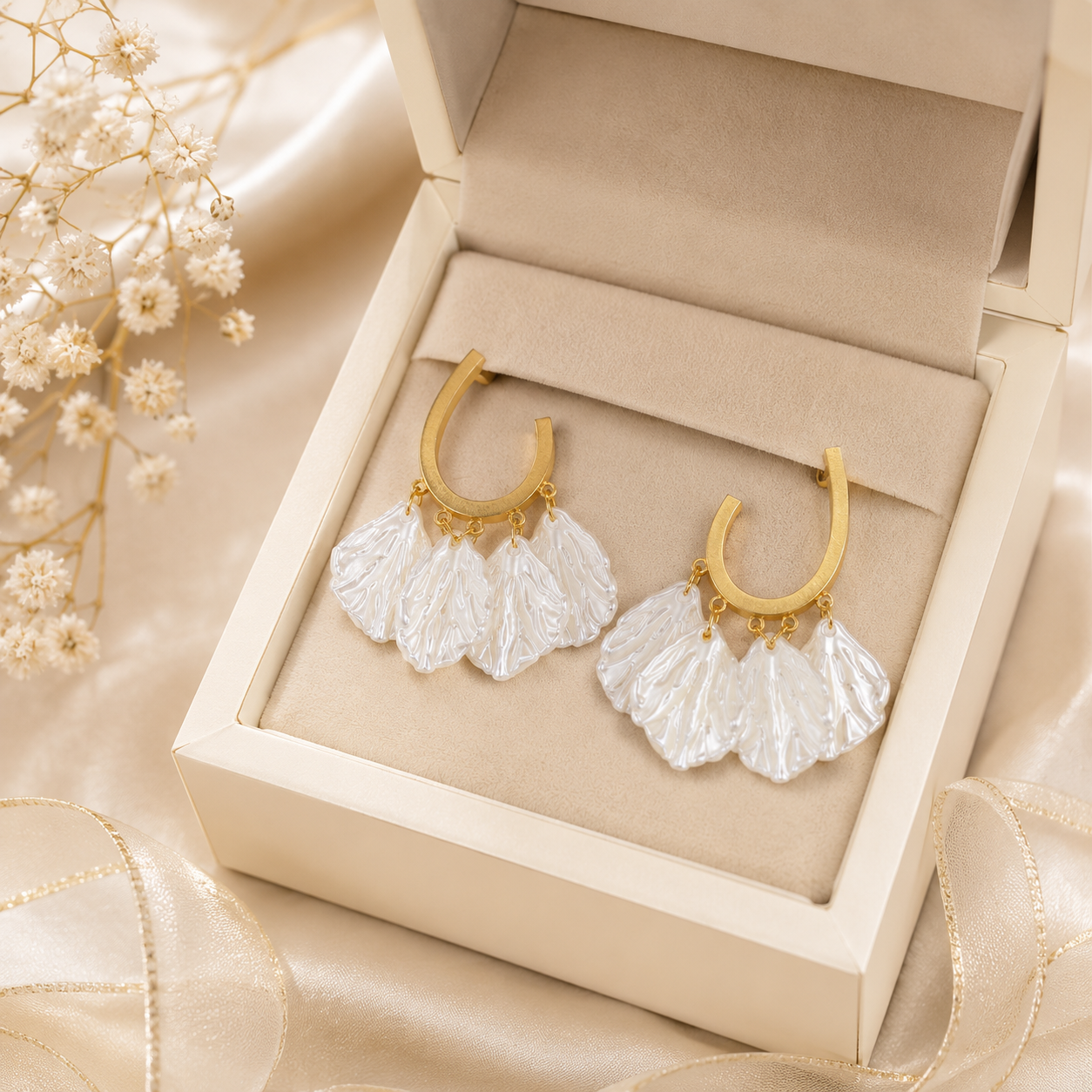 18K Gold Plated Mother of Pearl Shell Drop Hoop Earrings | Anti-Tarnish