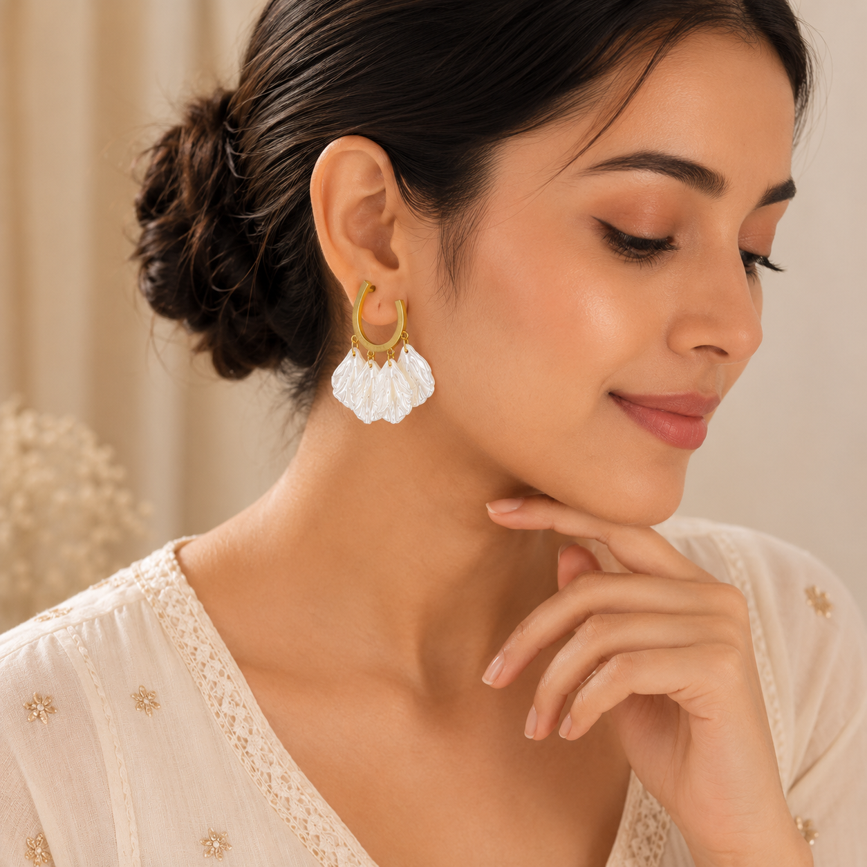 18K Gold Plated Mother of Pearl Shell Drop Hoop Earrings | Anti-Tarnish