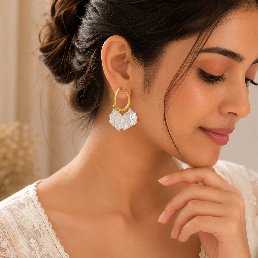 18K Gold Plated Mother of Pearl Shell Drop Hoop Earrings | Anti-Tarnish