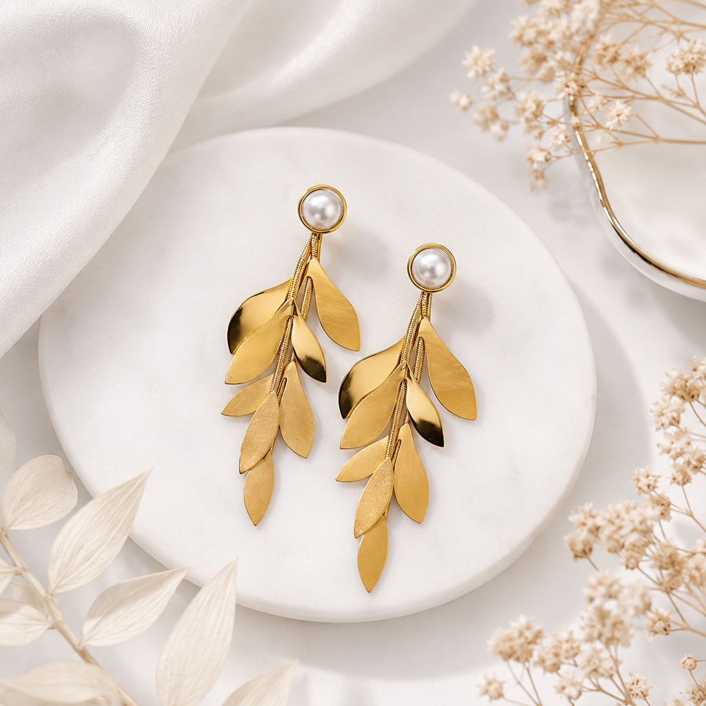 9K Gold Plated Leaf Pearl Drop Earrings for Women | Anti Tarnish