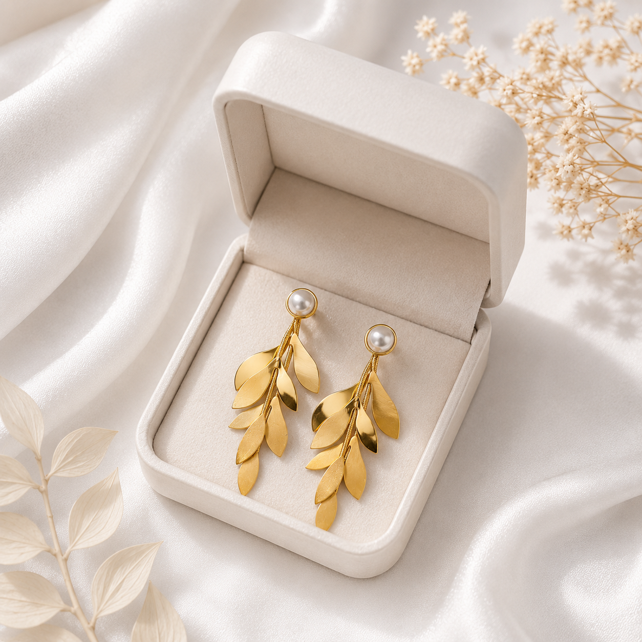 9K Gold Plated Leaf Pearl Drop Earrings for Women | Anti Tarnish