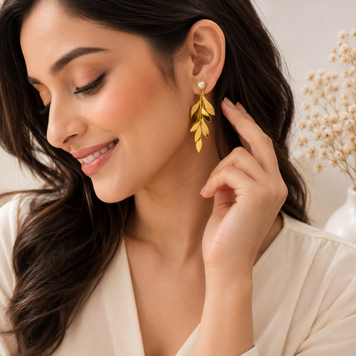 9K Gold Plated Leaf Pearl Drop Earrings for Women | Anti Tarnish